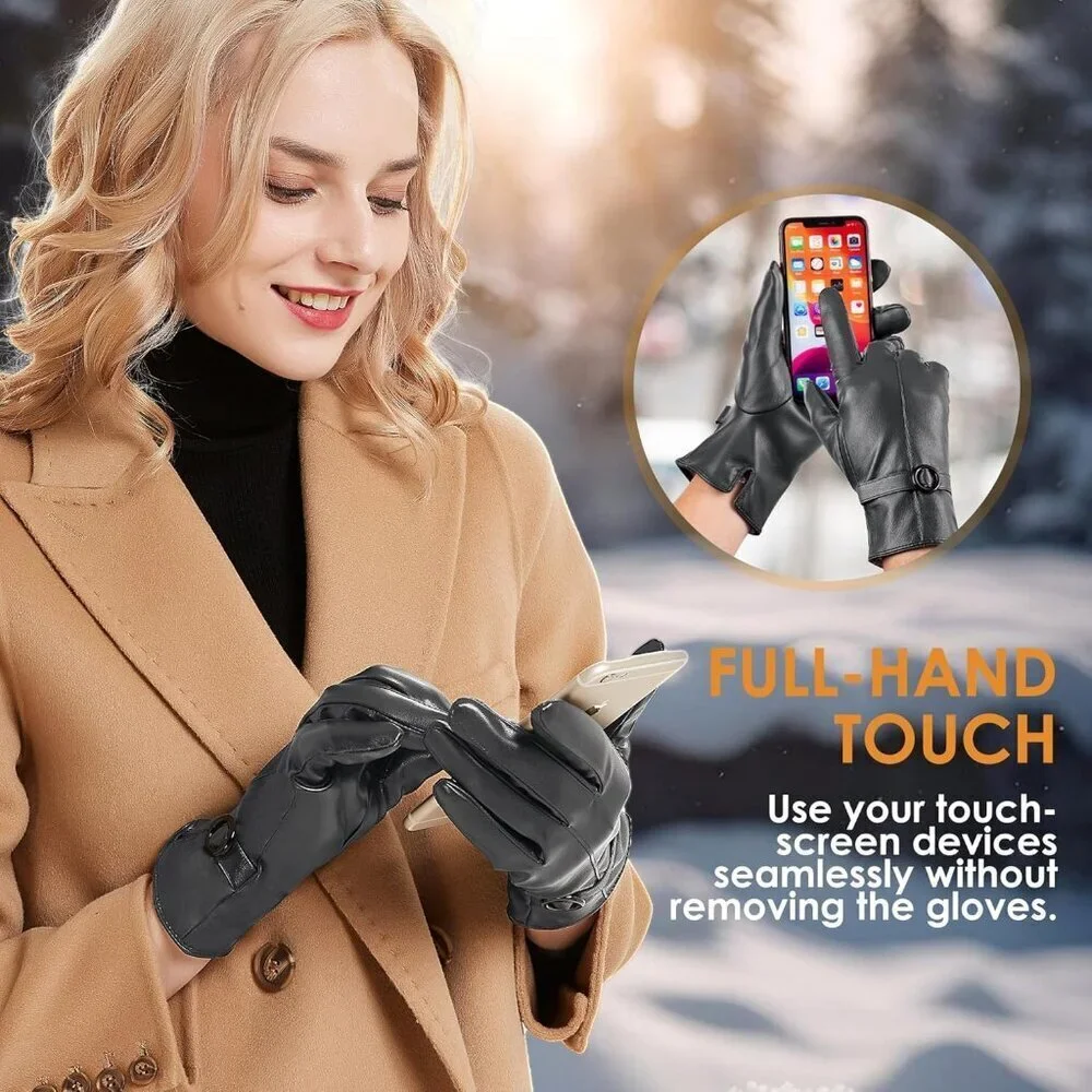 Women's Gray Lambskin Leather Gloves Warm Touchscreen Winter Driving Gift